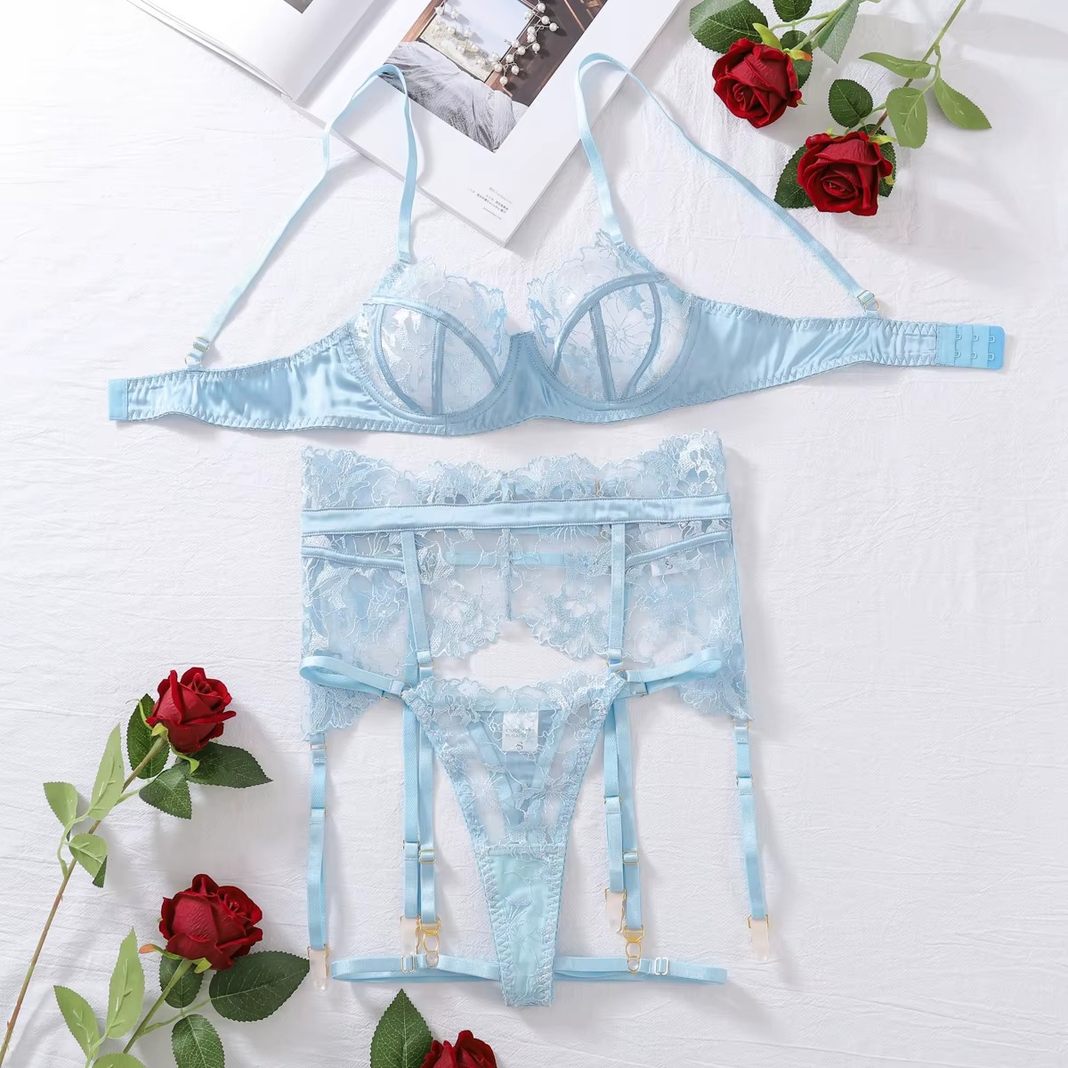Emma's Sheer Lace 4 Pieces Lingerie Set