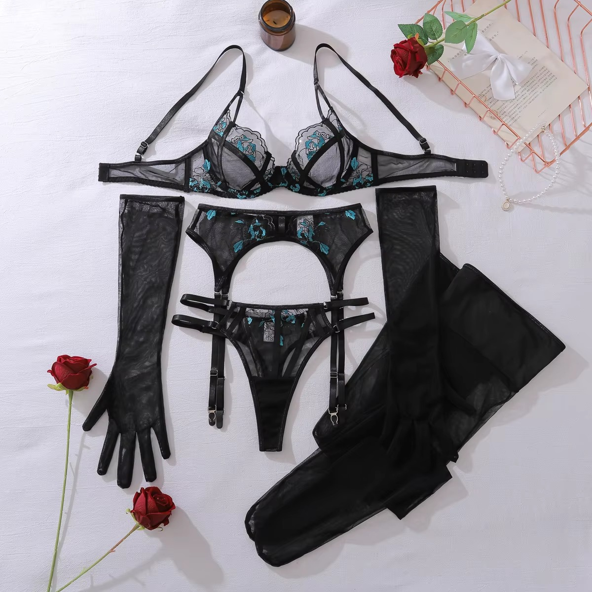 Katie's Sheer Lace 5 Pieces Lingerie Set