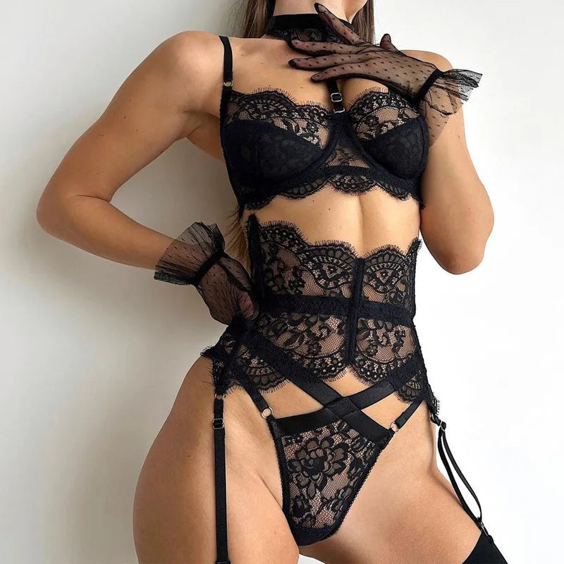 Allure Strappy Lace 5 Pieces Lingerie Set