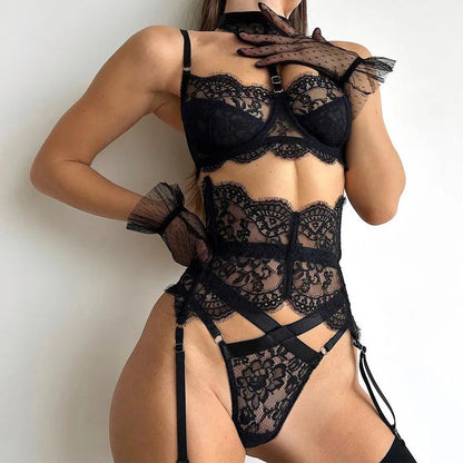 Allure Strappy Lace 5 Pieces Lingerie Set