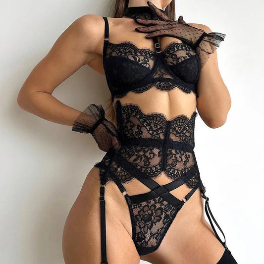 Allure Strappy Lace 5 Pieces Lingerie Set