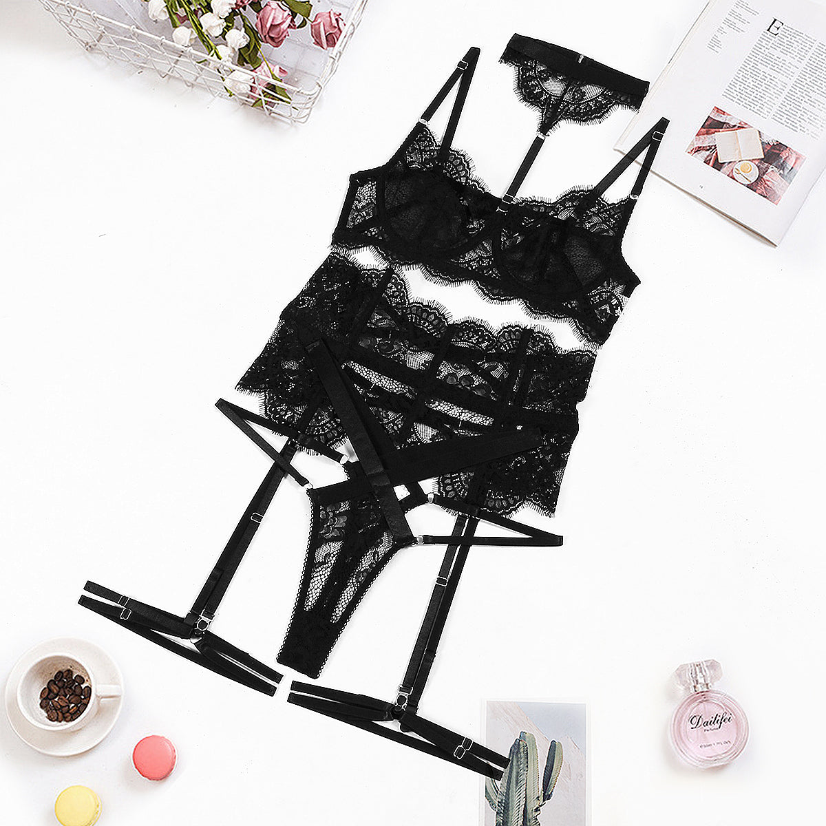 Allure Strappy Lace 5 Pieces Lingerie Set