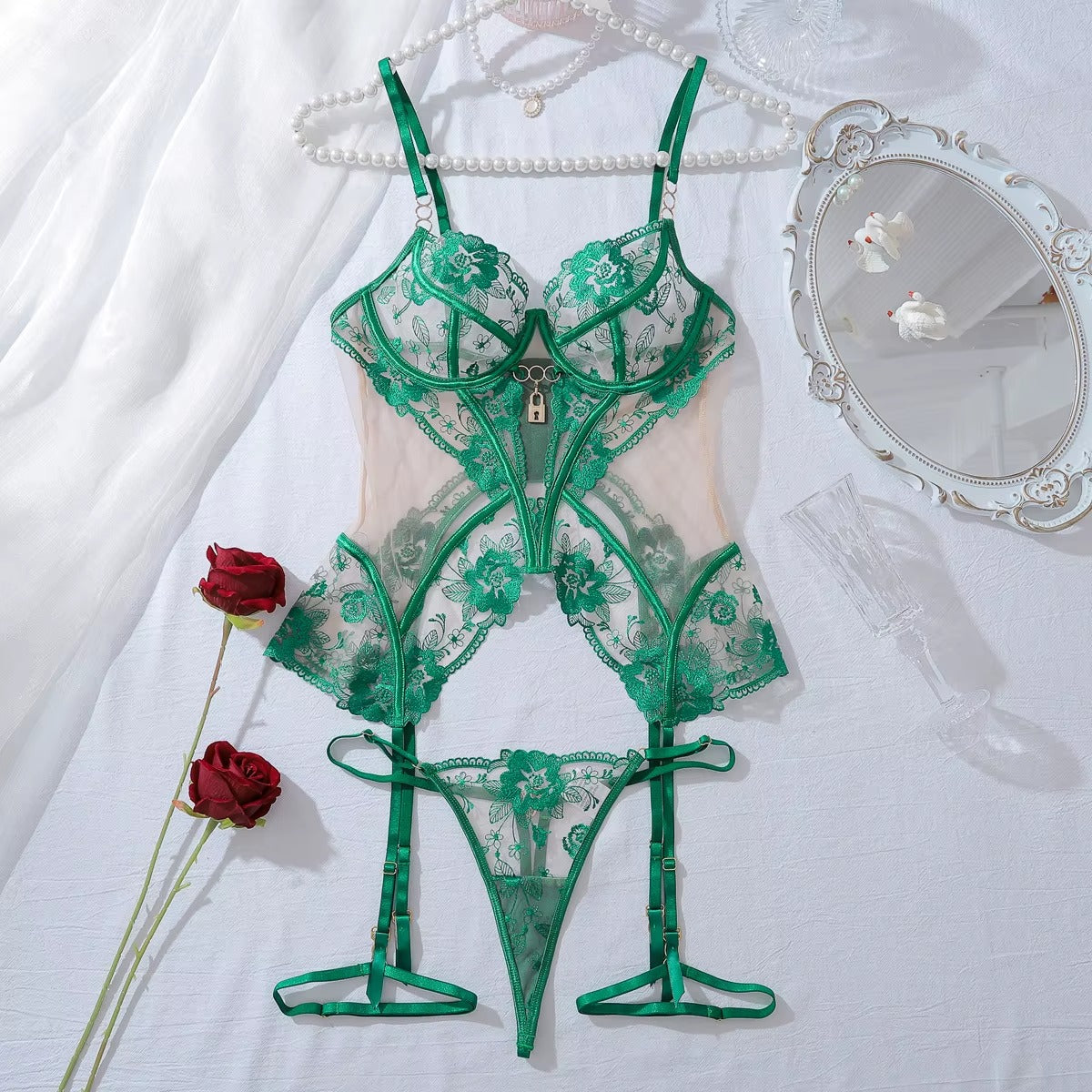 Amanda Sexy Flower Embroidery Mesh Lingerie Set